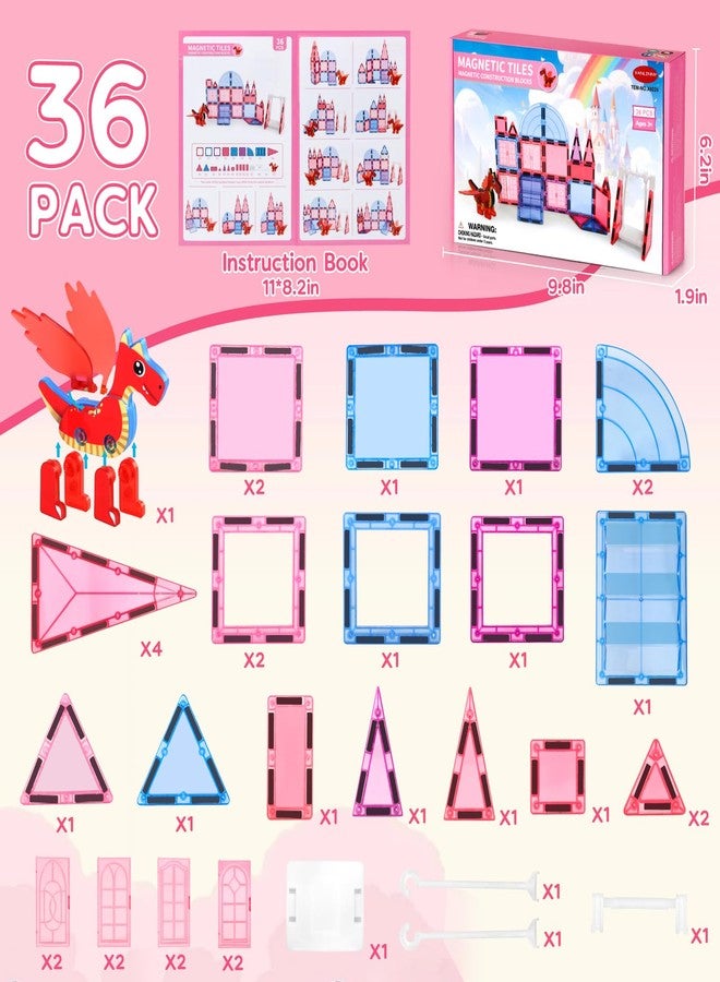 VANLINNY Magnetic Tiles for Kids Age 4-8 with Dragon, 36 Piece Princess Castle Magnet Tiles for Girls, Movable Dragon Sensory Toys for 3+, Creative Construction Building Set for Class, Xmas Gift for Grandkids - Image 5